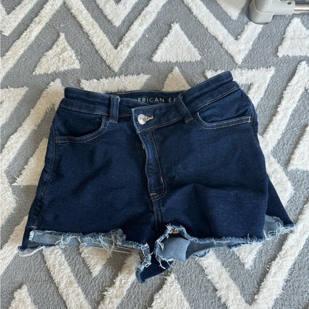 Stretch Mom Shorts Crossover Waist Distressed Size 00 Dark Blue Denim